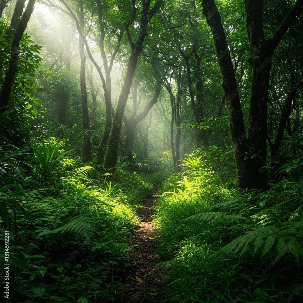 Fototapeta premium Lush Forest Trail: A mesmerizing forest trail winds through a dense, vibrant green landscape, illuminated by beams of sunlight filtering through the canopy.