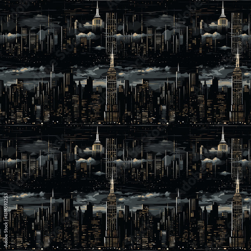 Noir film-inspired cityscape, moody atmosphere, dark skyline with dramatic lighting