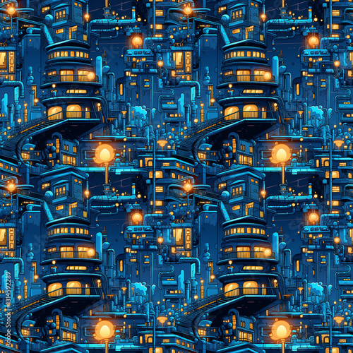 Retro futurism cityscape, vibrant mood, illuminated pattern in blue and orange