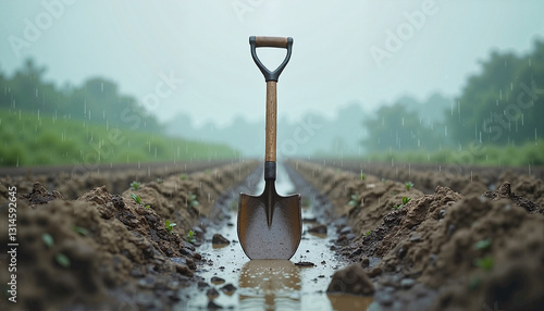 Metal shovel embedded in damp soil of field with rain falling, representing gardening and agriculture