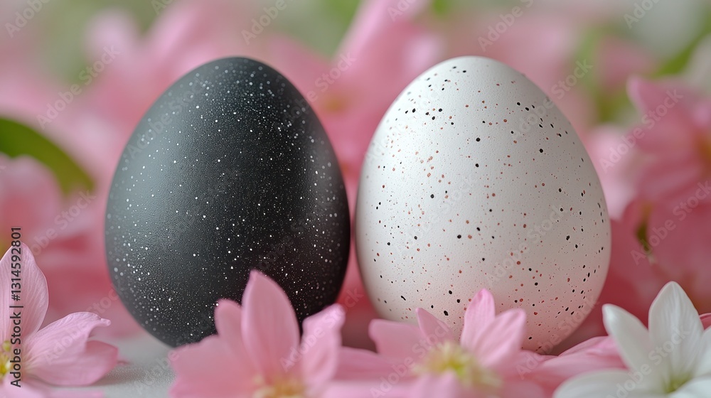 Black and white speckled Easter eggs amongst pink flowers Black and white speckled Easter eggs amongst pink flowers
