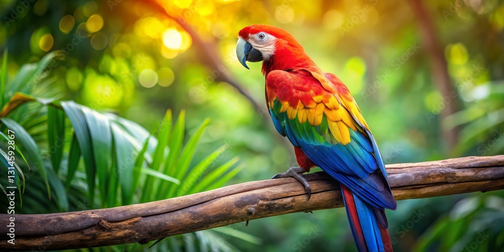 Vibrant Scarlet Macaw Perched on a Branch in Lush Tropical Foliage, Basking in Golden Sunlight Vibrant Scarlet Macaw Perched on a Branch in Lush Tropical Foliage, Basking in Golden Sunlight