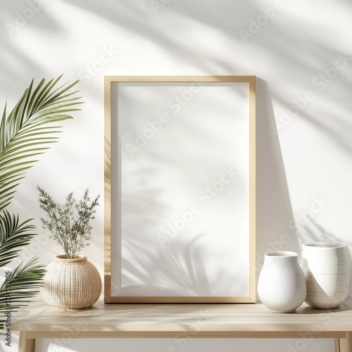 Wooden Photo Frame Mockup on Console with Natural Decor