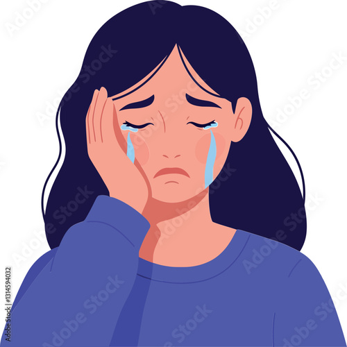 Sad woman with tears on her cheeks wearing a purple sweater in flat vector art