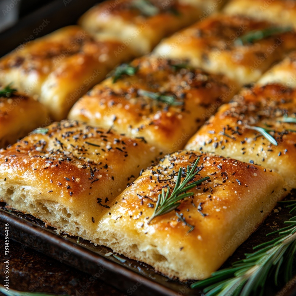 Golden focaccia bread with fresh rosemary and savory seasoning on a dark baking sheet close up view Italian cuisine