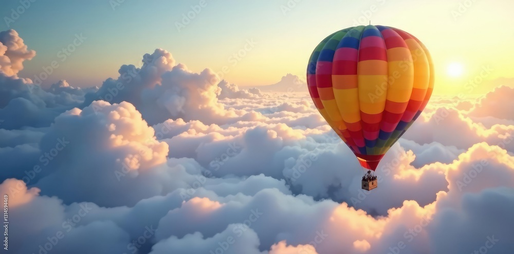 Obraz premium Brightly colored hot air balloon drifting through clouds, hot air balloon, ethereal atmosphere, serene landscape