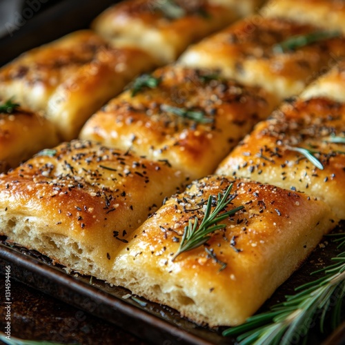 Obraz na płótnie Golden focaccia bread with fresh rosemary and savory seasoning on a dark baking sheet close up view Italian cuisine w salonie