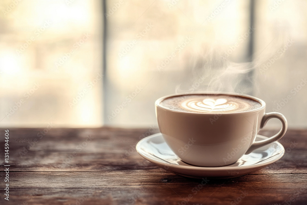 Steaming cup of latte with heart-shaped foam art on a rustic wooden table against a blurred background. Steaming cup of latte with heart-shaped foam art on a rustic wooden table against a blurred background.