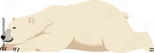 A playful polar bear stretching lazily on a snowy surface in flat vector art