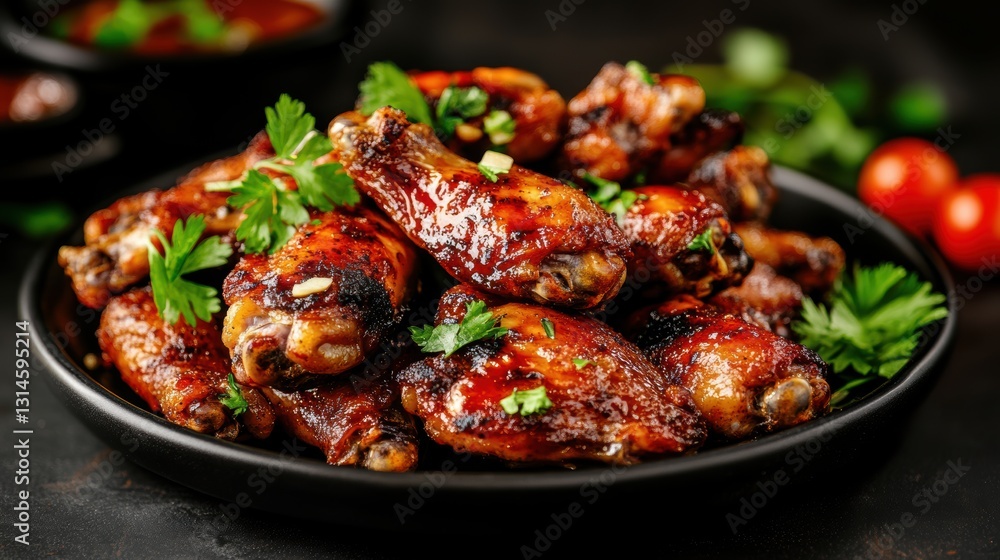 A close-up of beautifully glazed chicken wings garnished with fresh herbs, served in a black bowl, This appetizing image is perfect for food blogs, cookbooks, restaurant menus A close-up of beautifully glazed chicken wings garnished with fresh herbs, served in a black bowl, This appetizing image is perfect for food blogs, cookbooks, restaurant menus