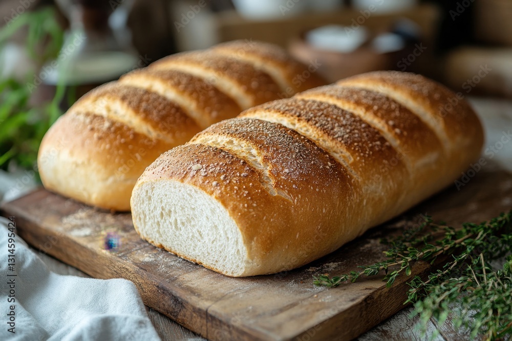 Golden Crust Artisan Bread Loaves on Rustic Wooden Board with Fresh Herbs and Soft Natural Lighting Golden Crust Artisan Bread Loaves on Rustic Wooden Board with Fresh Herbs and Soft Natural Lighting