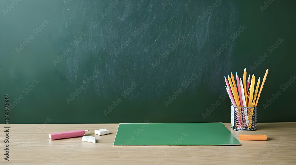 Green Chalkboard Background With Colorful Pencils In A Glass Jar Pink And White Eraser And A Green Paper On A Wooden Desk Back To School Concept Green Chalkboard Background With Colorful Pencils In A Glass Jar Pink And White Eraser And A Green Paper On A Wooden Desk Back To School Concept