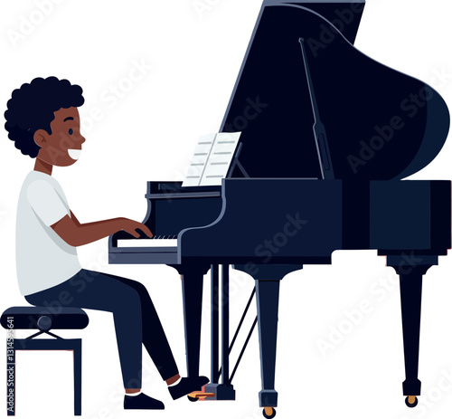 Young boy playing a grand piano with enthusiasm in a flat vector illustration