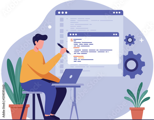 A man coding at a desk with plants in a modern workspace in flat vector art