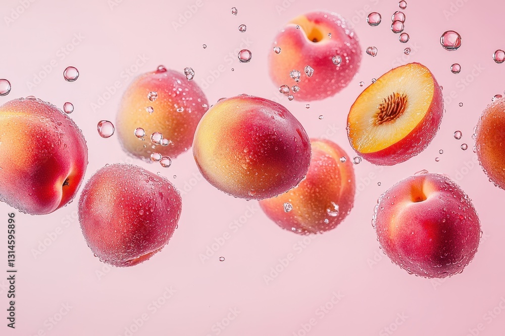 Fresh peaches floating in sparkling water against a soft pink background creating a refreshing and vibrant visual with a clean and modern aesthetic