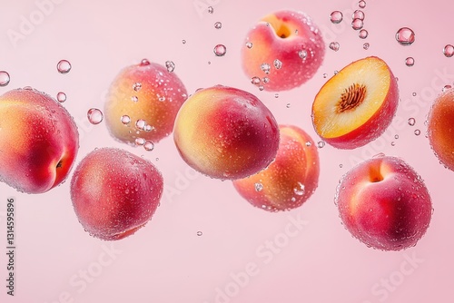 Obraz na płótnie Fresh peaches floating in sparkling water against a soft pink background creating a refreshing and vibrant visual with a clean and modern aesthetic w salonie