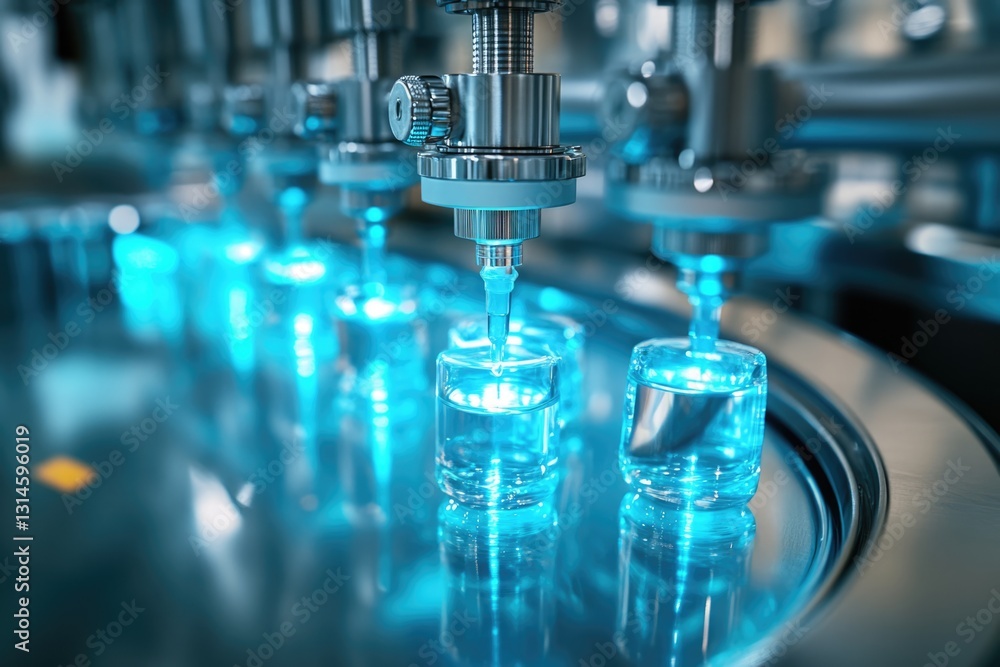 High-Tech Automated Liquid Filling Process in a Modern Factory High-Tech Automated Liquid Filling Process in a Modern Factory