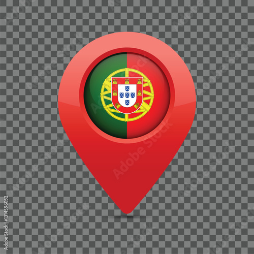 Portuguese flag on a red pin, for pinning Portugal as location. Portuguese flag. Vector illustration.