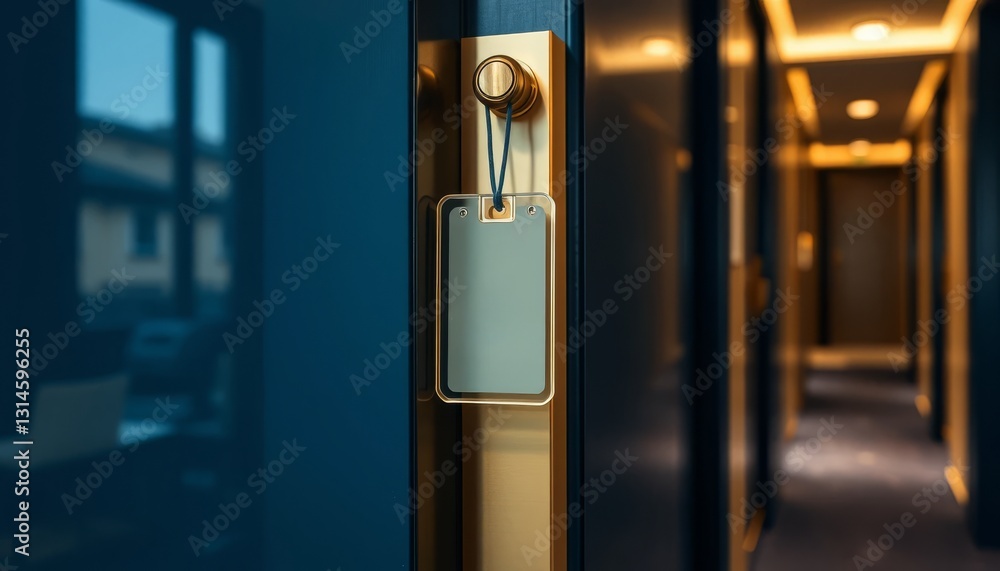 Hotel room key card. Close-up of electronic door key hanging on luxury hotel room handle with blurred hallway in background showing warm ambient lighting.