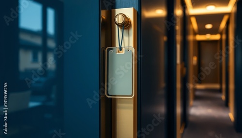 Obraz na płótnie Hotel room key card. Close-up of electronic door key hanging on luxury hotel room handle with blurred hallway in background showing warm ambient lighting. w salonie