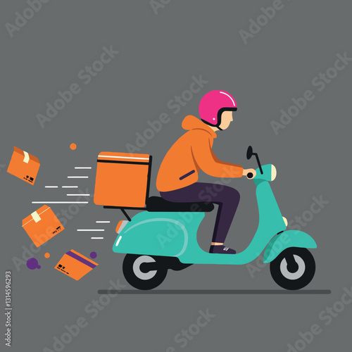 Delivery scooter rider in orange hoodie rushing through city with flying packages in flat vector illustration