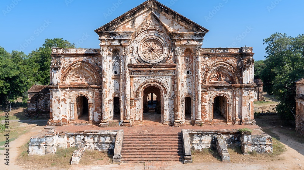 Fototapeta premium Red Brick Ruins of an Ancient Building Under a Clear Blue Sky