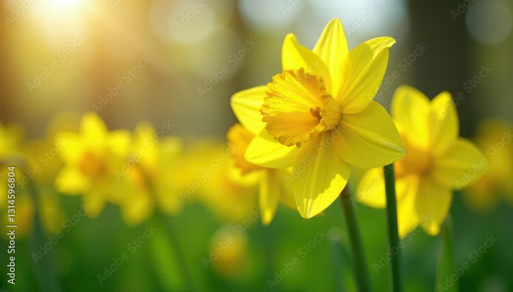 Fototapeta premium Bright yellow daffodils sway gently in the spring breeze, nature, bright yellow