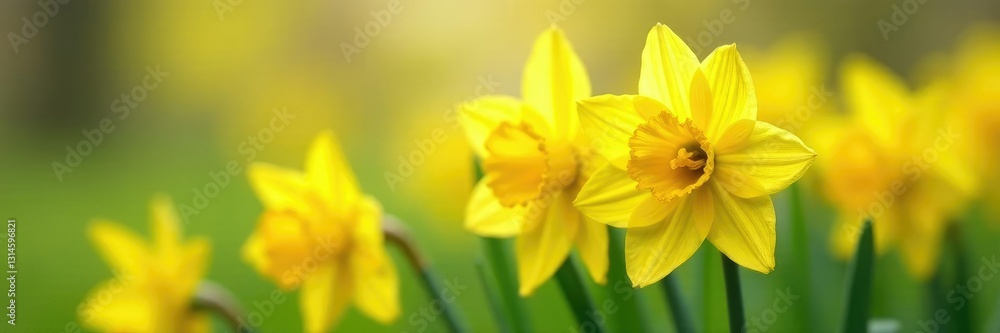 Bright yellow daffodils swaying in the spring breeze, petals, blossoms Bright yellow daffodils swaying in the spring breeze, petals, blossoms