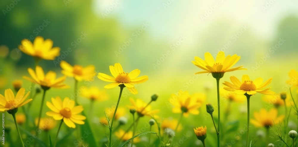 Fototapeta premium Bright yellow daisies sway gently in a breeze, flowers, meadow, wildflowers