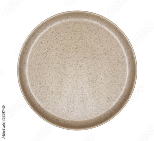 Foto Empty beige speckled stoneware plate isolated on white background with clipping path