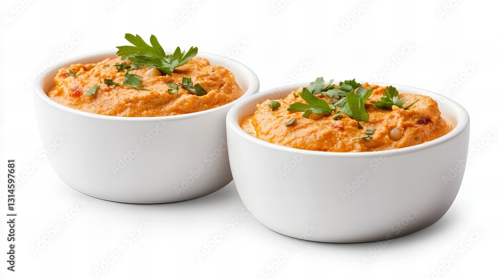 Two bowls of vibrant orange hummus, garnished with fresh parsley. A delicious and healthy snack or appetizer. Two bowls of vibrant orange hummus, garnished with fresh parsley. A delicious and healthy snack or appetizer.