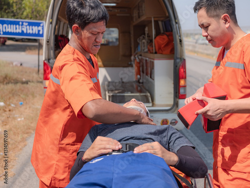 Rescue workers give first aid to girl after accident . rescue workers provide first aid to accident victims' necks.