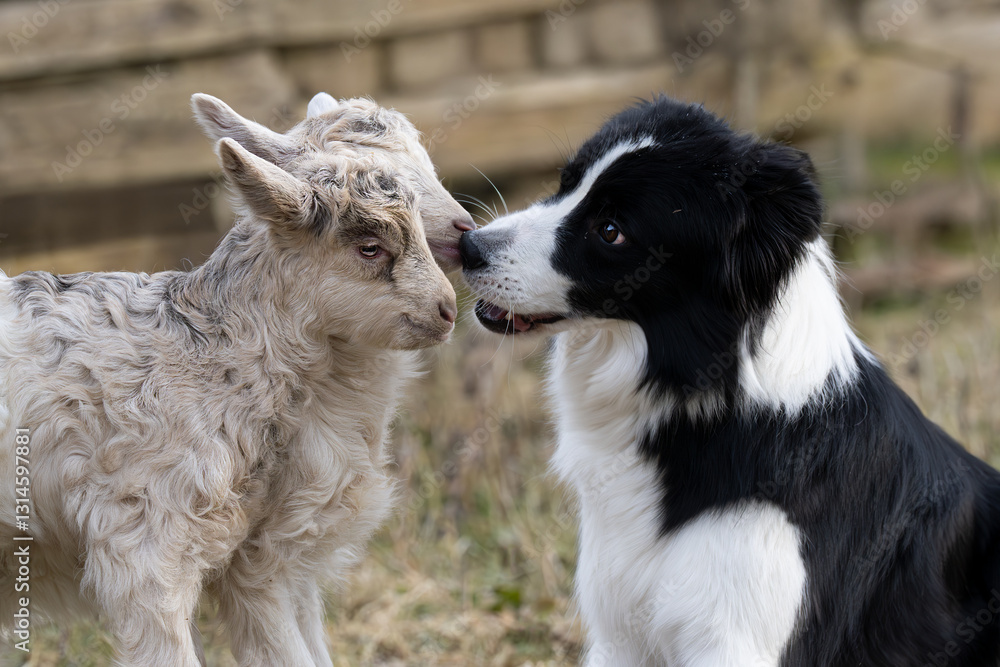 Fototapeta premium Border Collie mit jungen Ziegen