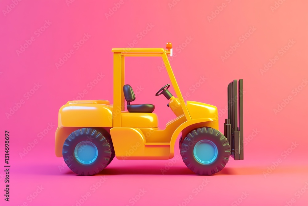 Fototapeta premium Yellow Forklift Truck on Pink Background Cute Machinery Illustration