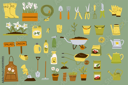 Gardening tools and equipment collection for outdoor plant care and maintenance.