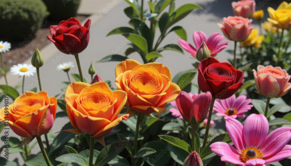 Beautiful flower beds in a well-maintained garden with bright blooms Beautiful flower beds in a well-maintained garden with bright blooms