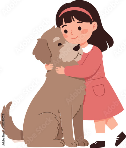 A young girl in a pink dress joyfully hugging a fluffy dog in a flat vector illustration