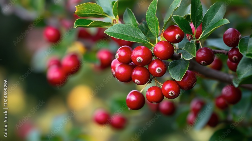 Fototapeta premium Cranberry tree laden with ripe berries, deep green leaves contrasting with bright red fruit