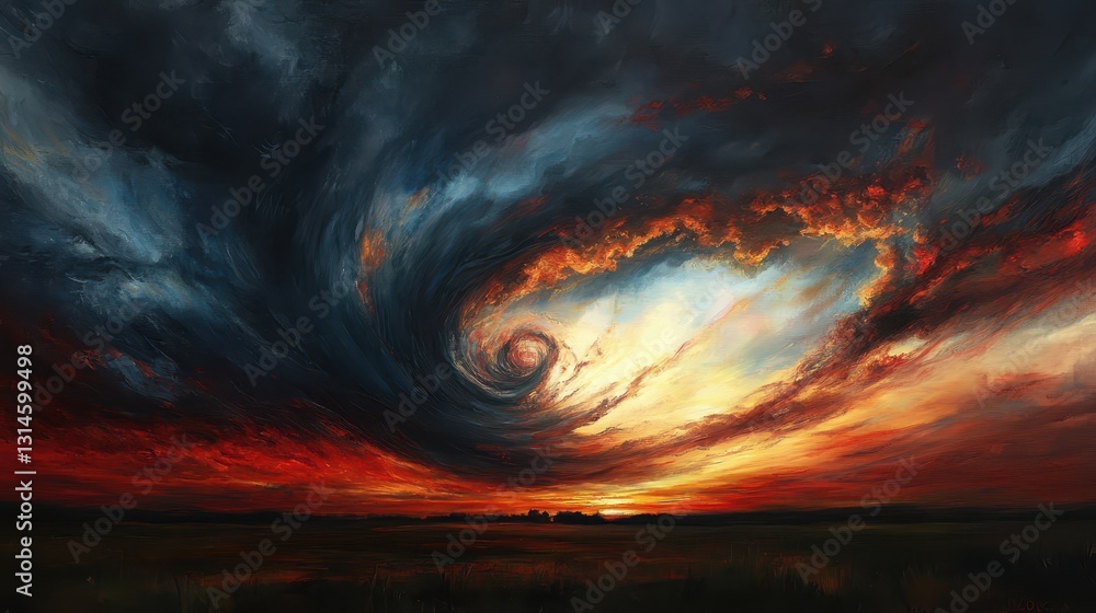 A tornado weaves through the sky under a stunning sunset, with dramatic colors of orange and purple enhancing the power and ominous beauty of the scene. A tornado weaves through the sky under a stunning sunset, with dramatic colors of orange and purple enhancing the power and ominous beauty of the scene.