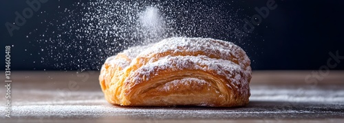 A soft dusting of powdered sugar gently settling on a warm pastry on an isolate background
