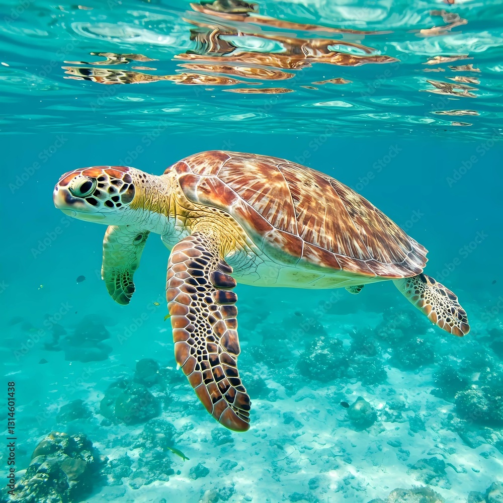 Fototapeta premium A sea turtle with intricate markings swims in clear turquoise water, surrounded by small fish. Generative AI