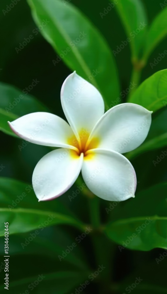Fototapeta premium Delicate white plumeria flower on a lush green leaf, garden, bloom, plumeria