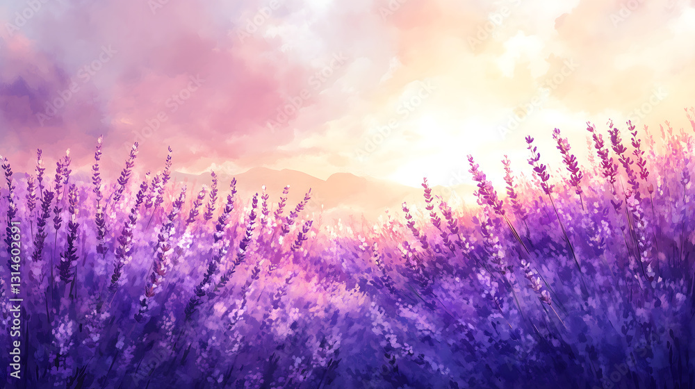 Naklejka premium ทุ่งลาเวนเดอร์สีม่วงบานสะพรั่งในฤดูร้อน, เผยความงามของธรรมชาติและกลิ่นหอมสมุนไพรในสวนดอกไม้