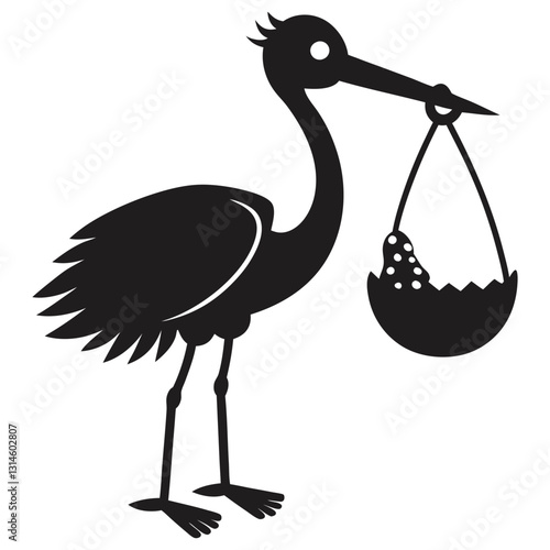 silhouette of stork holding a baby basket icon ove