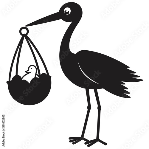 silhouette of stork holding a baby basket icon ove