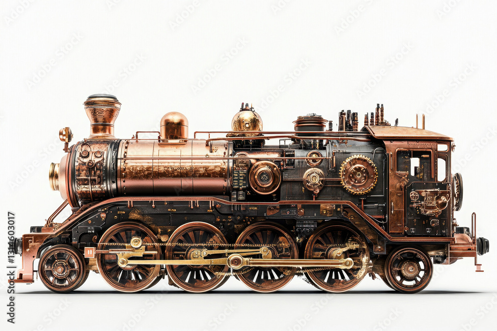 Intricately detailed steampunk locomotive with copper elements and gears, showcasing a vintage industrial design. Intricately detailed steampunk locomotive with copper elements and gears, showcasing a vintage industrial design.