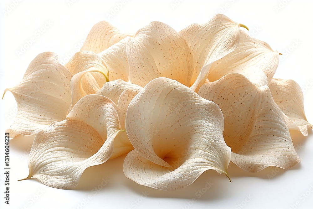 Delicate Arrangement of Cream-Colored Calla Lily Petals on a White Background for Elegant Floral Designs Delicate Arrangement of Cream-Colored Calla Lily Petals on a White Background for Elegant Floral Designs