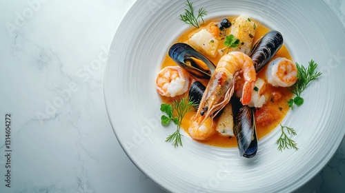 Fototapeta Naklejka Na Ścianę i Meble -  Exquisite seafood stew on white plate, marble background
