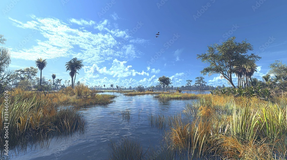 Sunny, tranquil marsh landscape with palm trees Sunny, tranquil marsh landscape with palm trees