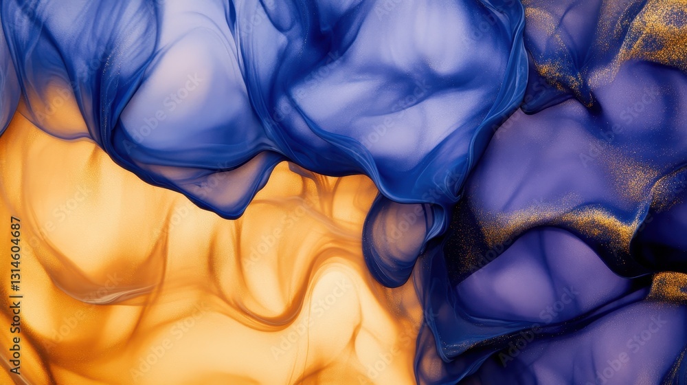 Vibrant Flow Of Silky Blue And Golden Fabric Waves